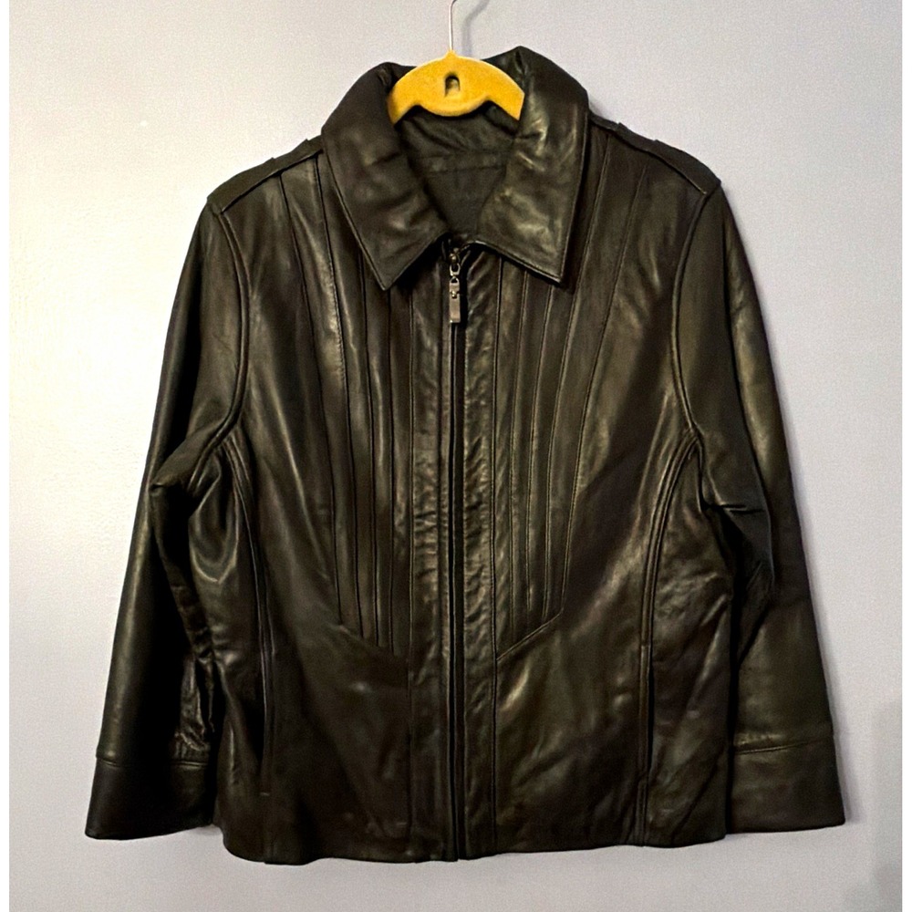 Black Leather Pintuck Jacket Women XL Edwardian Regency Royal Ren Zip-Up Avanti